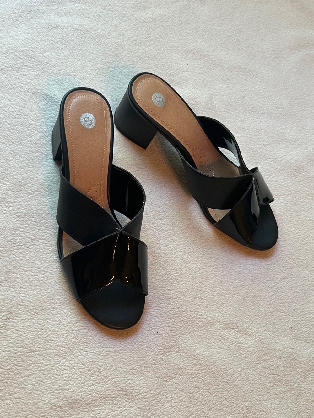 Dp Slip On Block Heel Sandals Black Patent Leather Open Toe Size 7.5